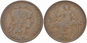 ФРАНЦИЯ 10 САНТИМОВ 1916 ТИП ДАНИЭЛЬ ДЮПЮИ KM 843, LA FRANC 136.27 бронза 109-346