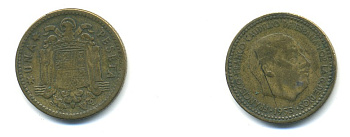 ИСПАНИЯ 1 ПЕСЕТА 1953 (63) ФРАНСИСКО ФРАНКО ДИКТАТОР ИСПАНИИ (1939-1975) KM 775 алюминиевая бронза 80-1112