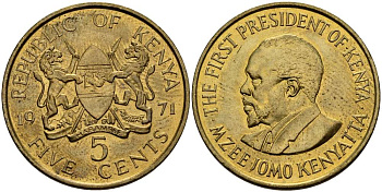 Кения 5 центов 1971 Джомо Кениата KM 10 никель латунь XF-UNC 4511-1136