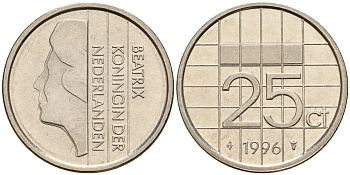 Нидерланды 25 центов 1996 Беатрикс (1980-2013) KM 204 никель    4598-325