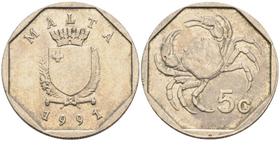 Мальта 5 центов 1991 краб KM 95 медно-никель 4564-713