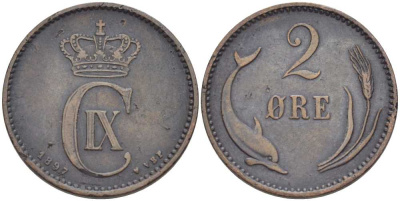 ДАНИЯ 2 ЭРЕ 1897 VBP, ДЕЛЬФИН, КРИСТИАН IX (1863-1906) KM 793.2 бронза 31-115