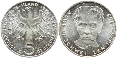 ФРГ 5 марок 1975 G, 100 лет со дня рождения Альберта Швейцара KM 143, J.418 серебро UNC 4178-1222