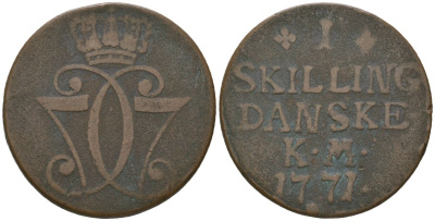 Дания 1 скиллинг 1771 Кристиан VII (1766-1808) KM 616 медь 4171-831