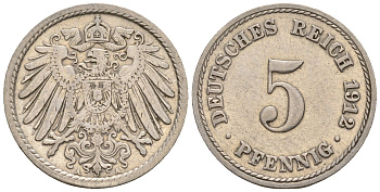 Германия 5 пфеннигов 1912 A, KM 11, J. 12 медно-никель 220-618