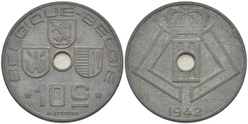Бельгия 10 сантимов 1942 Belgique - Belgie, Леопольд III (1934-1947), германская оккупация, Вторая мировая война KM 125 цинк 212-934
