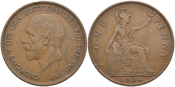 Великобритания 1 пенни 1934 Георг V (1910-1936) KM 838, Spink 4055 бронза 115-311