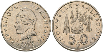 Французская Новая Каледония 50 франков 2012 хижина среди сосен и пальм, (IEOM) KM 13a, Schoen 15a, Lec 128i медно-никель 115-1046