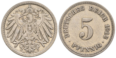 Германия 5 пфеннигов 1912 A, KM 11, J. 12 медно-никель 220-618