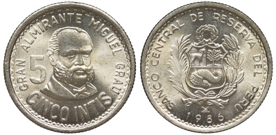 Перу 5 инти 1986 Мигель Грау KM 300 медно-никель UNC 4605-326