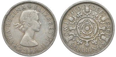 Великобритания 2 шиллинга (флорин) 1955 Елизавета II (1952-2022) KM 906, Spink 4146 медно-никель 51-2732