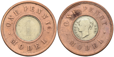 Великобритания 1 пенни ND (1844) модель монеты Виктории в 1 пенни, Джозеф Мур биметалл 1528-634