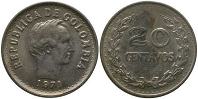 Колумбия 20 сентаво 1971 KM 246 сталь плакированная никелем 4529-627