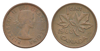 Канада 1 цент 1963 Елизавета II (1952-2022), кленовый лист KM 49 бронза 4630-539