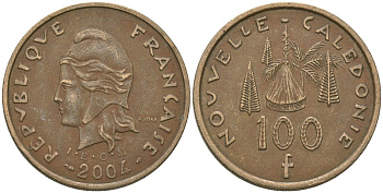 Французская Новая Каледония 100 франков 2004 хижина среди сосен и пальм, (IEOM) KM 15, Schoen 16, Lec 139h никель бронза 111-421