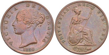 Великобритания 1/2 пенни 1854 Виктория (1837-1901) KM 726, Spink 3949 медь 1518-1344