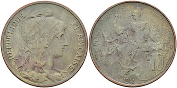 Франция 10 сантимов 1913 тип Дюпюи KM 843 бронза 4117-313