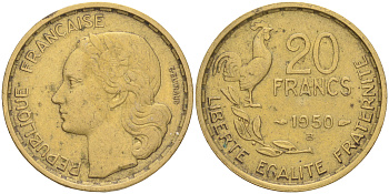 ФРАНЦИЯ 20 ФРАНКОВ 1950 В, 4 ПЕРА KM 917.2, LE FRANC 402.4 алюминиевая бронза 4556-154