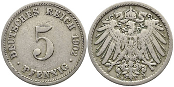 ГЕРМАНИЯ 5 ПФЕННИГОВ 1902 D KM 11, Jager 12, Weege 6 медно-никель 4547-424