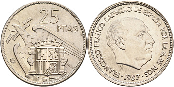 Испания 25 песет 1957(69) Франциско Франко (1939-1975) KM 787 медно-никель UNC 4583-1031