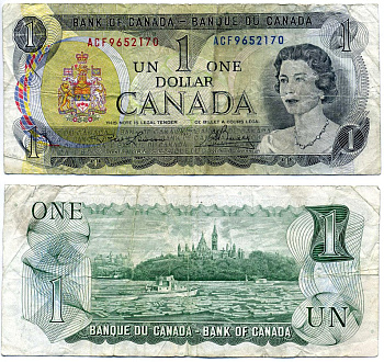 Канада 1 доллар 1973 Елизавета II (1952- ), здание парламента на реке Оттава, Lawson-Bouey, серии 3 буквы Pick 85 а (2) бумага 6285-24-2-2