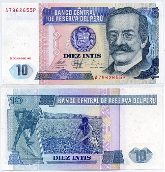 Перу 10 инти 1987 Рикардо Пальма, писатель, ученый, библиотекарь Pick 129 бумага UNC (пресс) 6287-23-2-2