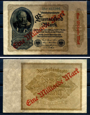 Германия 1000000000 марок 1923 красная диагональная, двухсторонняя надпечатка на 1000 марок 1922, бумага белая, водяной знак 1001 Pick 113 a (2) бумага 8589-51-3-1