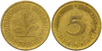 ФРГ 5 пфеннигов 1986 J J.382, KM 107 сталь плакированная латунью    4598-1049