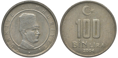 Турция 100000 лир 2004 Мустафа Кемаль Ататюрк KM 1106 медь никель цинк 4122-254