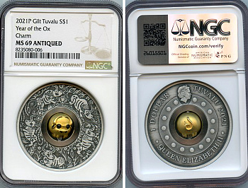 Тувалу 1 доллар 2021 год быка, вставка в виде быка, тираж 3000 экземпляров, в слабе NGC MS 69 ANTIQUED KM 204 серебро  UNC  3-4-3-05