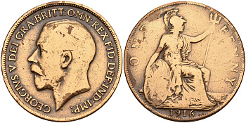 Великобритания 1 пенни 1916 Георг V (1910-1936) KM 810, Spink 4051 бронза    4149-422