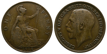 Великобритания 1 пенни 1916 Георг V (1910-1936) КМ 810, Spink 4051 бронза 4364-4341