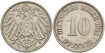 Германия 10 пфеннигов 1914 F KM 12, Jager 13, Weege 8 медно-никель 219-243