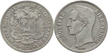 Венесуэла 5 боливаров 1926 Симон Боливар KM 24.2 серебро 1525-1213