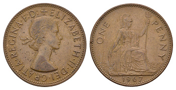Великобритания 1 пенни 1967 Елизавета II (1952-2022) KM 897, Spink 4157 бронза 221-943