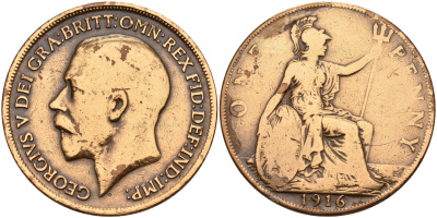 Великобритания 1 пенни 1916 Георг V (1910-1936) KM 810, Spink 4051 бронза    4149-422