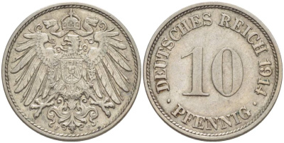 Германия 10 пфеннигов 1914 F KM 12, Jager 13, Weege 8 медно-никель 219-243