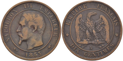 Франция 10 сантимов 1855 A, Наполеон III (1852-1870) KM 771.1, Le Franc 133.19 бронза 3460-234