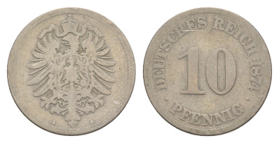 Германия 10 пфеннигов 1874 A, Вильгельм I (1871-1888) KM 4, J. 4 медно-никель 4640-169