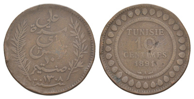 Тунис 10 сантимов 1891 A KM 222 бронза 4634-845
