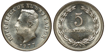 Сальвадор 5 сентаво 1977 год тип, Франсиско Морасан KM 149 b медь никель цинк UNC M56-04