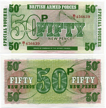 АНГЛИЯ 50 ПЕНСОВ 1972 ДЛЯ ВООРУЖЕННЫХ СИЛ, 6 СЕРИЯ, BRADBURY WILKJSON @ Co Pick M46 бумага UNC (ПРЕСС) 7486-30-3-1