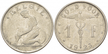 Бельгия 1 франк 1923 Belgie, Альберт I (1909-1934) KM 90 никель 51-353