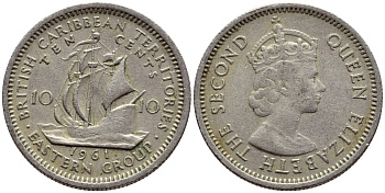 Британские Восточно-Карибские территории 10 центов 1961 Елизавета II (1952-2022), парусник KM 5 медно-никель 4387-911