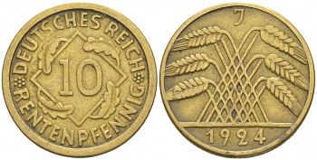 ГЕРМАНИЯ 10 РЕНТЕНПФЕННИГОВ 1924 J KM 33, J. 309, Weege 8 алюминиевая бронза 4539-1015