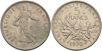 ФРАНЦИЯ 5 ФРАНКОВ 1970 СЕЯТЕЛЬ KM 926a.1, LE FRANC 341.2 медно-никель плакированный никелем 4590-531