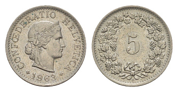 Швейцария 5 раппенов 1963 B KM 26 медно-никель 4643-353