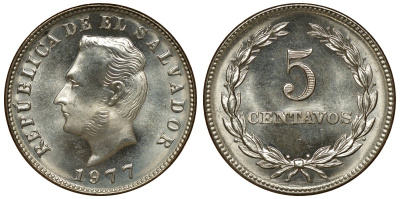 Сальвадор 5 сентаво 1977 год тип, Франсиско Морасан KM 149 b медь никель цинк UNC M56-04
