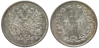 Россия для Финляндии 25 пенни 1916 S, Николай II (1894-1917) KM 6.2, Биткин 421 серебро 75-1327