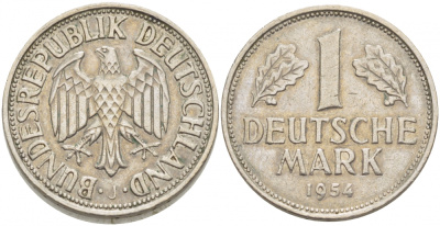 ФРГ 1 МАРКА 1954 J KM 110, J. 385 медно-никель 3718-1043